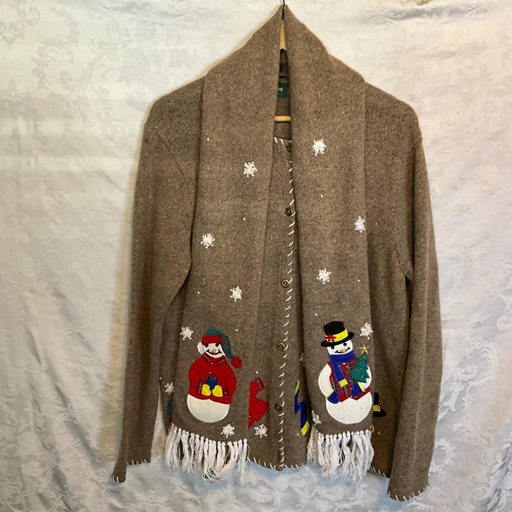 Vintage Lemon Grass Studio‎ Women's Brown Snowman Sweater Cardigan with Scarf